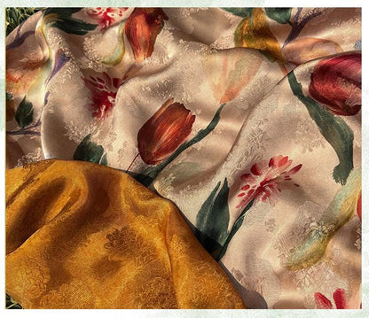 Tulip Glow Xiangyunsha Fabric by Yard, Soft Rayon Jacquard Textile, Chinese Elegant Draped Fabric for Dresses Hanfu Sewing, 59"Wide