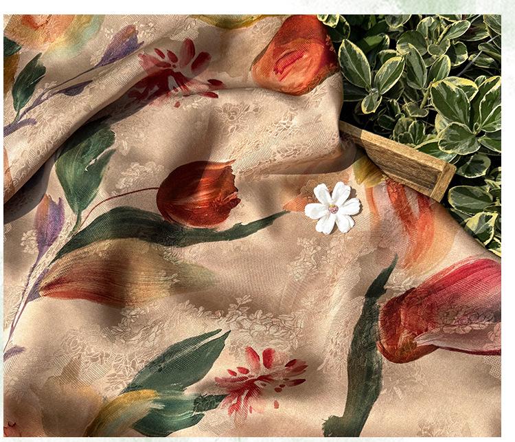 Tulip Glow Xiangyunsha Fabric by Yard, Soft Rayon Jacquard Textile, Chinese Elegant Draped Fabric for Dresses Hanfu Sewing, 59"Wide