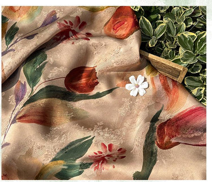 Tulip Glow Xiangyunsha Fabric by Yard, Soft Rayon Jacquard Textile, Chinese Elegant Draped Fabric for Dresses Hanfu Sewing, 59"Wide