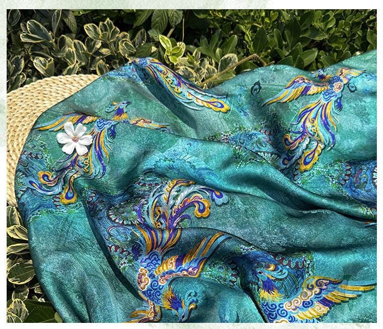 Teal Phoenix Xiangyunsha Fabric by Yard, Chinese Rayon Jacquard Silk Textile, Soft Draped Oriental Fabric for Hanfu Dress Sewing, 59"Wide