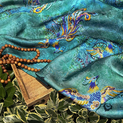 Teal Phoenix Xiangyunsha Fabric by Yard, Chinese Rayon Jacquard Silk Textile, Soft Draped Oriental Fabric for Hanfu Dress Sewing, 59"Wide