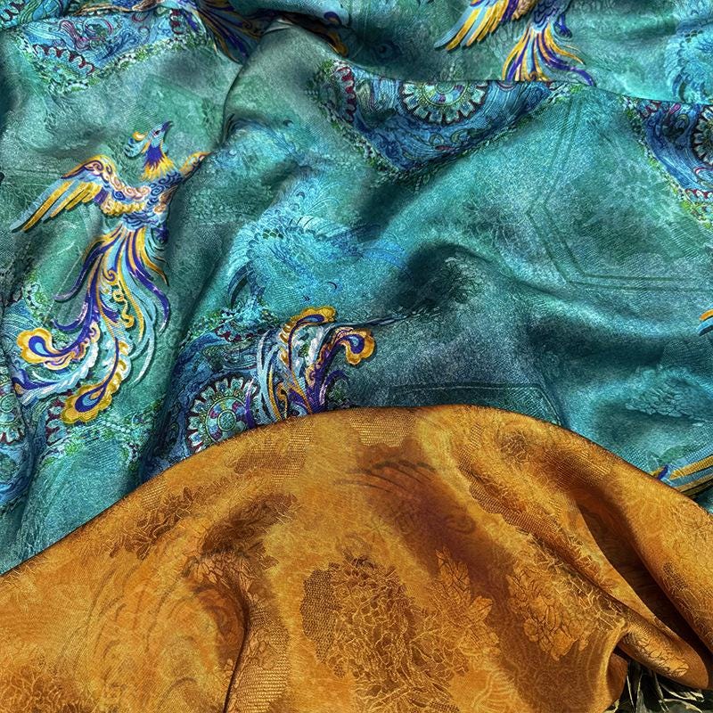 Teal Phoenix Xiangyunsha Fabric by Yard, Chinese Rayon Jacquard Silk Textile, Soft Draped Oriental Fabric for Hanfu Dress Sewing, 59"Wide