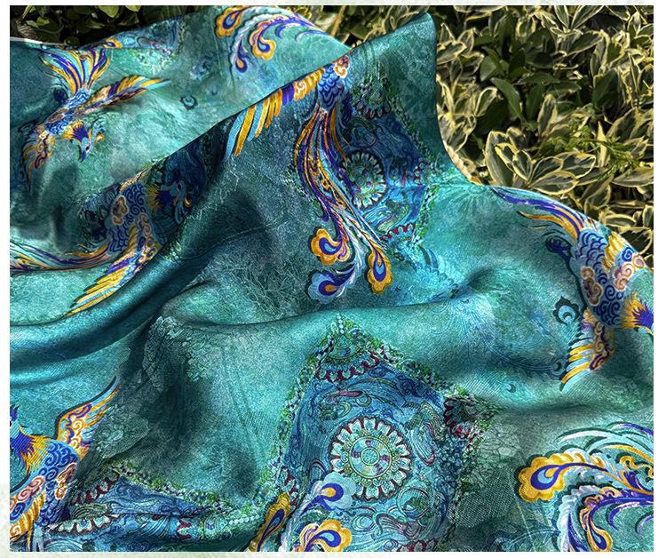 Teal Phoenix Xiangyunsha Fabric by Yard, Chinese Rayon Jacquard Silk Textile, Soft Draped Oriental Fabric for Hanfu Dress Sewing, 59"Wide