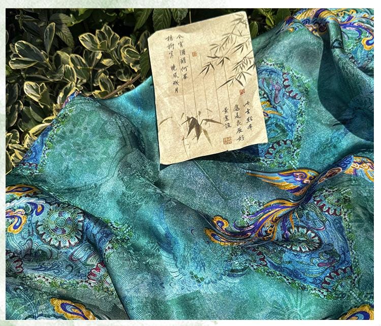 Teal Phoenix Xiangyunsha Fabric by Yard, Chinese Rayon Jacquard Silk Textile, Soft Draped Oriental Fabric for Hanfu Dress Sewing, 59"Wide