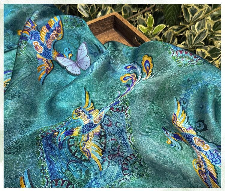 Teal Phoenix Xiangyunsha Fabric by Yard, Chinese Rayon Jacquard Silk Textile, Soft Draped Oriental Fabric for Hanfu Dress Sewing, 59"Wide