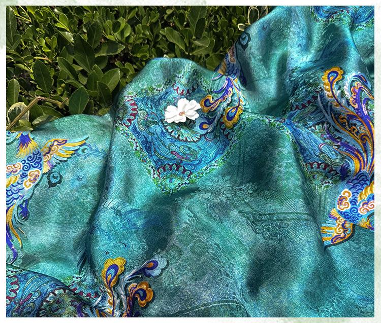 Teal Phoenix Xiangyunsha Fabric by Yard, Chinese Rayon Jacquard Silk Textile, Soft Draped Oriental Fabric for Hanfu Dress Sewing, 59"Wide