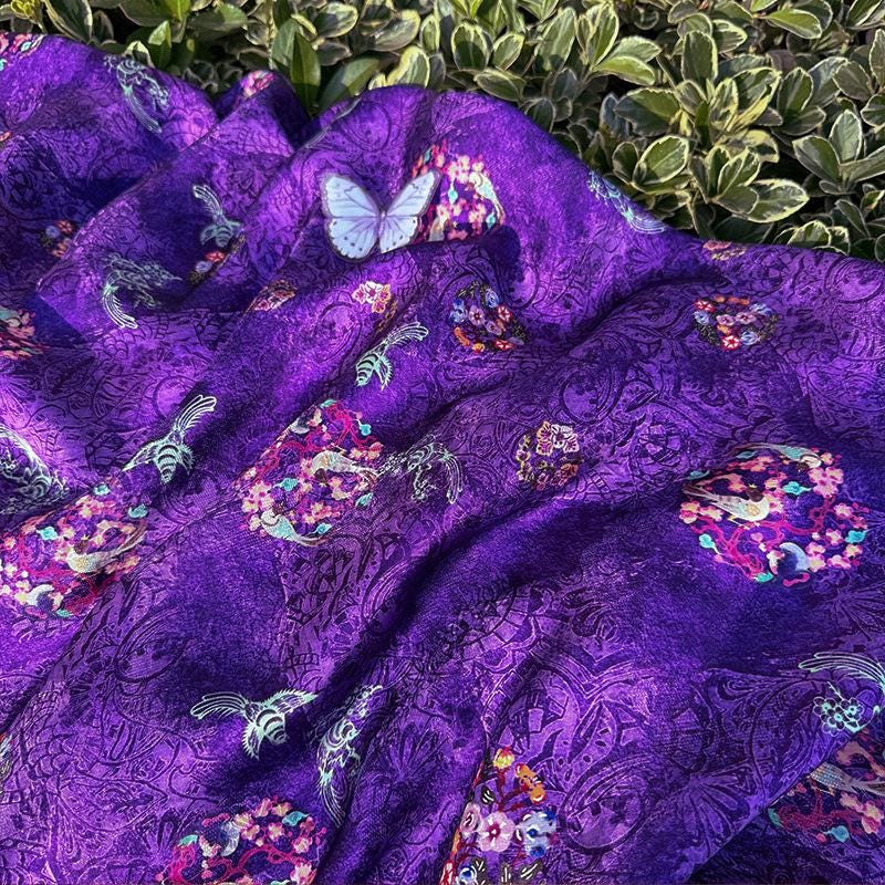 Purple Phoenix Xiangyunsha Fabric by Yard, Soft Draped Jacquard Rayon Textile, Chinese Oriental Fabric for Hanfu Dress Sewing, 59"Wide