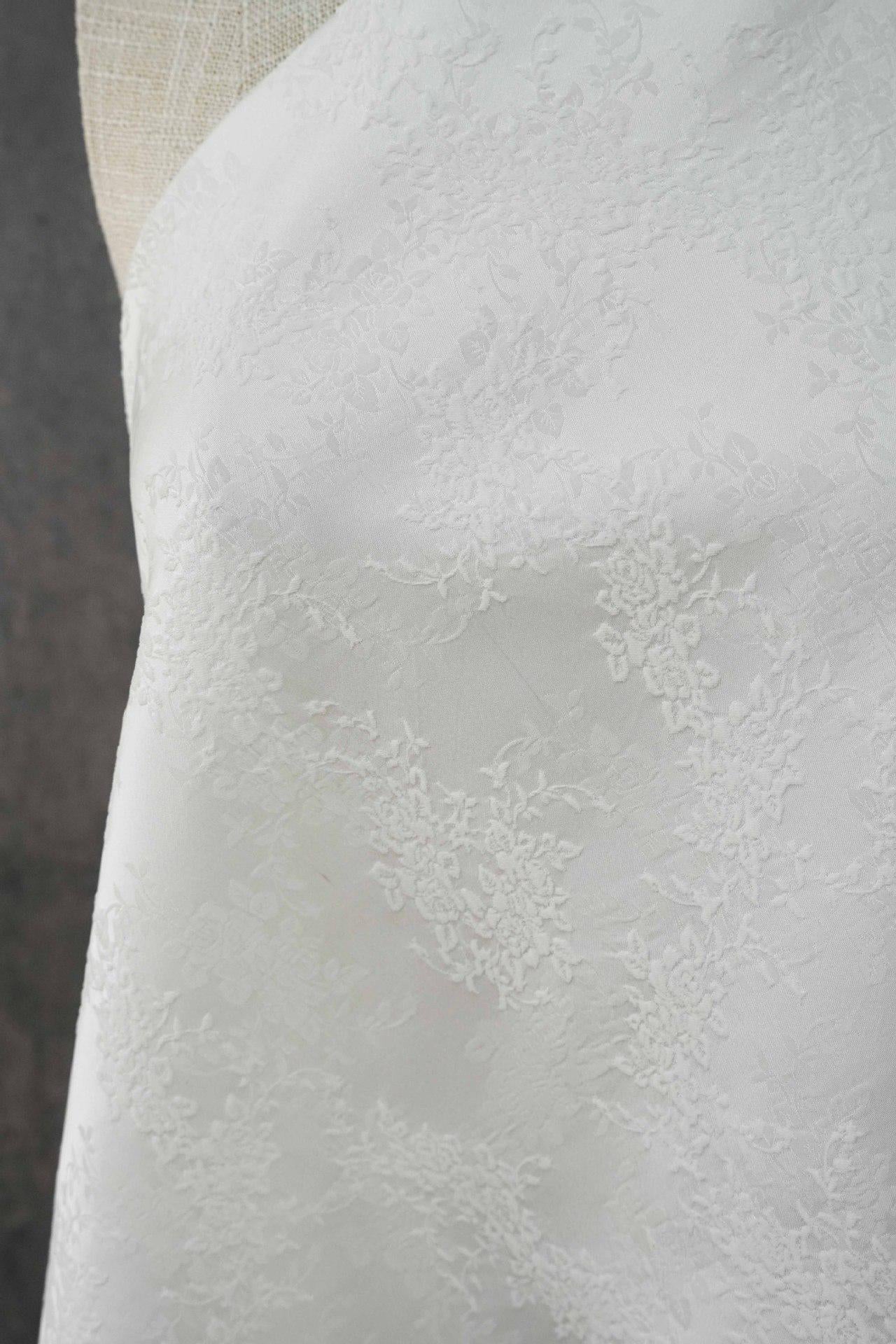 White Embossed Floral Jacquard Fabric, 3D Textured Ivory Brocade Material, Luxury Wedding Dress, Curtain & Home Decor Fabric