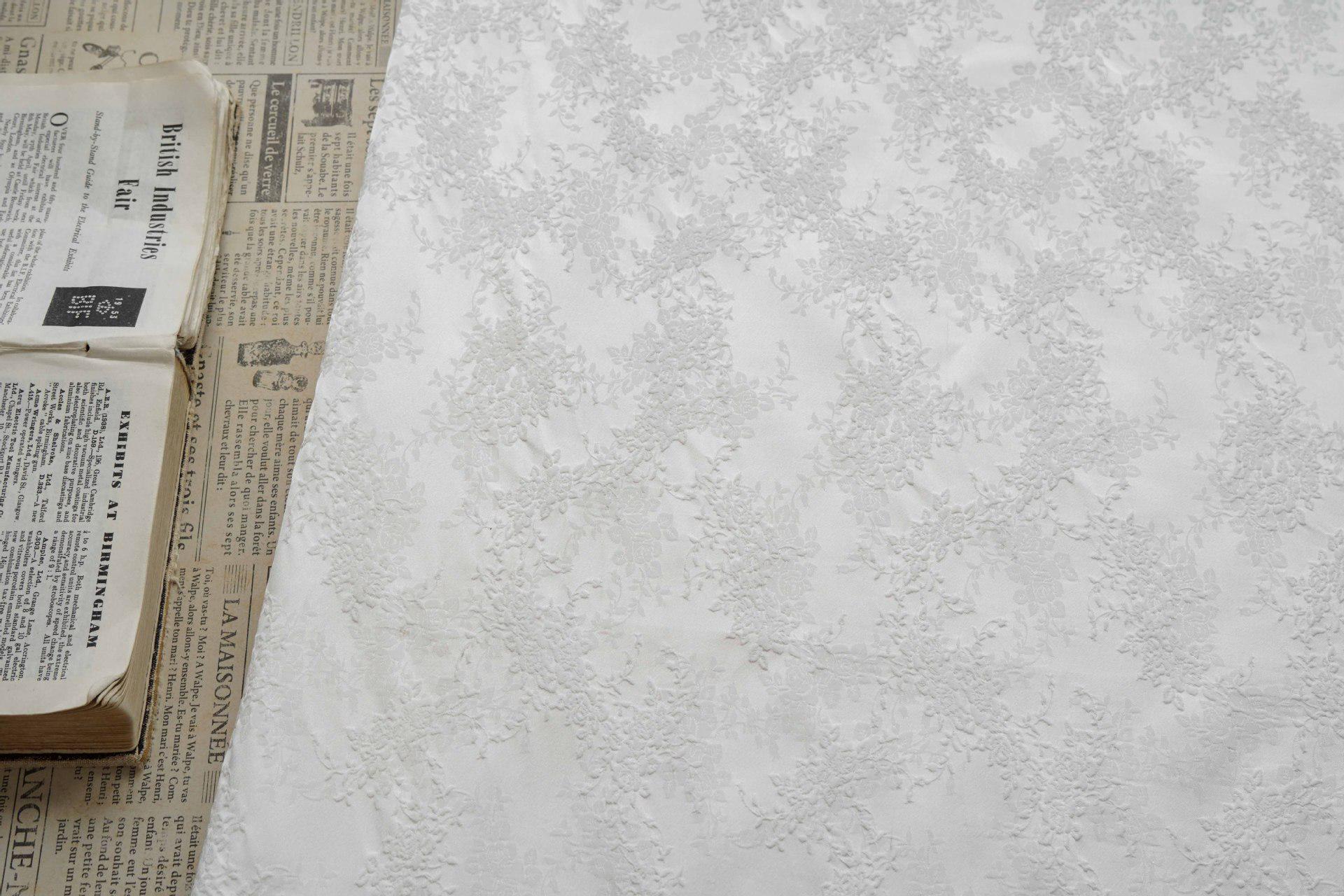 White Embossed Floral Jacquard Fabric, 3D Textured Ivory Brocade Material, Luxury Wedding Dress, Curtain & Home Decor Fabric