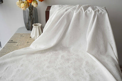 White Embossed Floral Jacquard Fabric, 3D Textured Ivory Brocade Material, Luxury Wedding Dress, Curtain & Home Decor Fabric