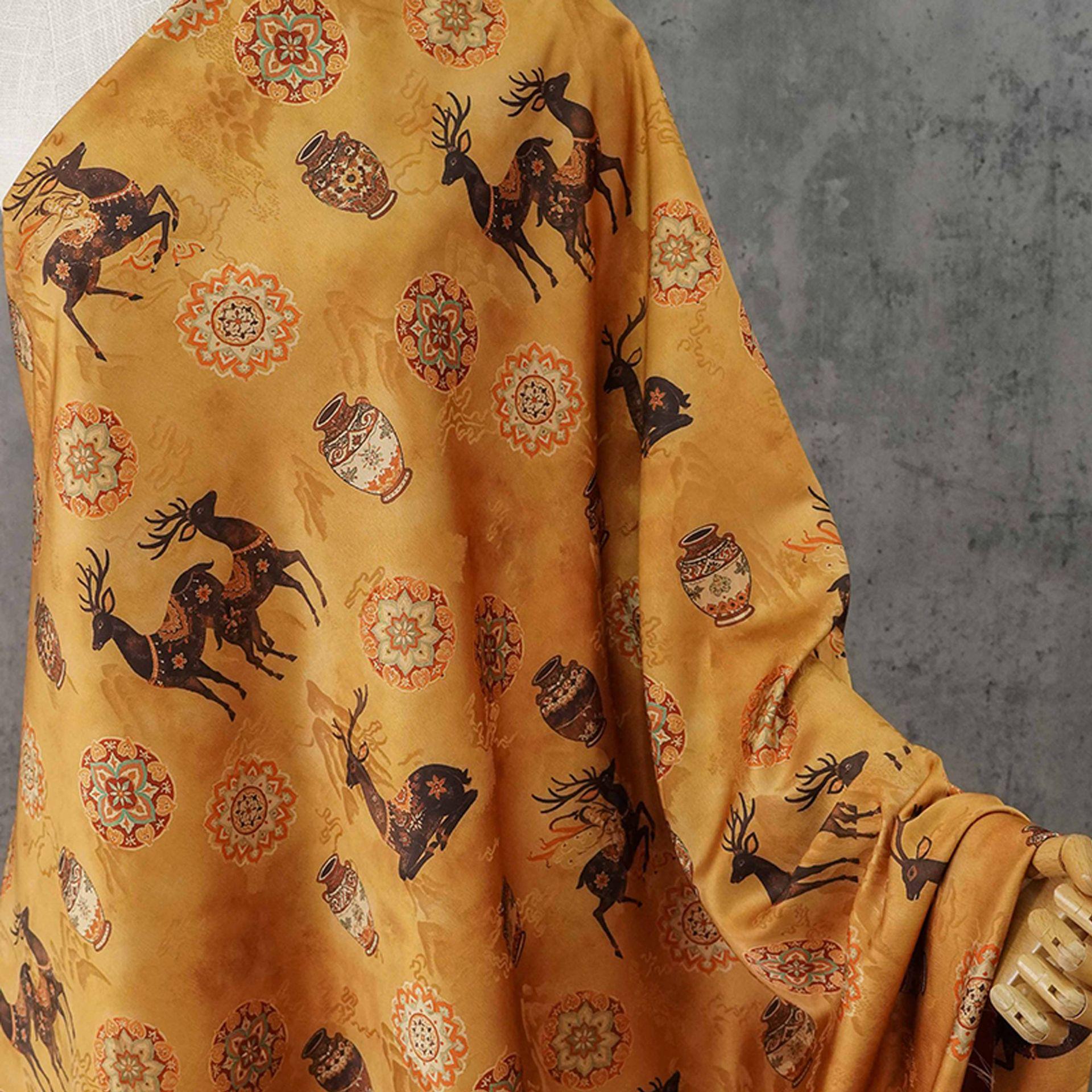 Chinese Blessing Deer Jacquard Fabric, Luxury Brocade Upholstery Textile, Traditional Fulu Deer Pattern Fabric, 59" Wide By The Yard, 59"W