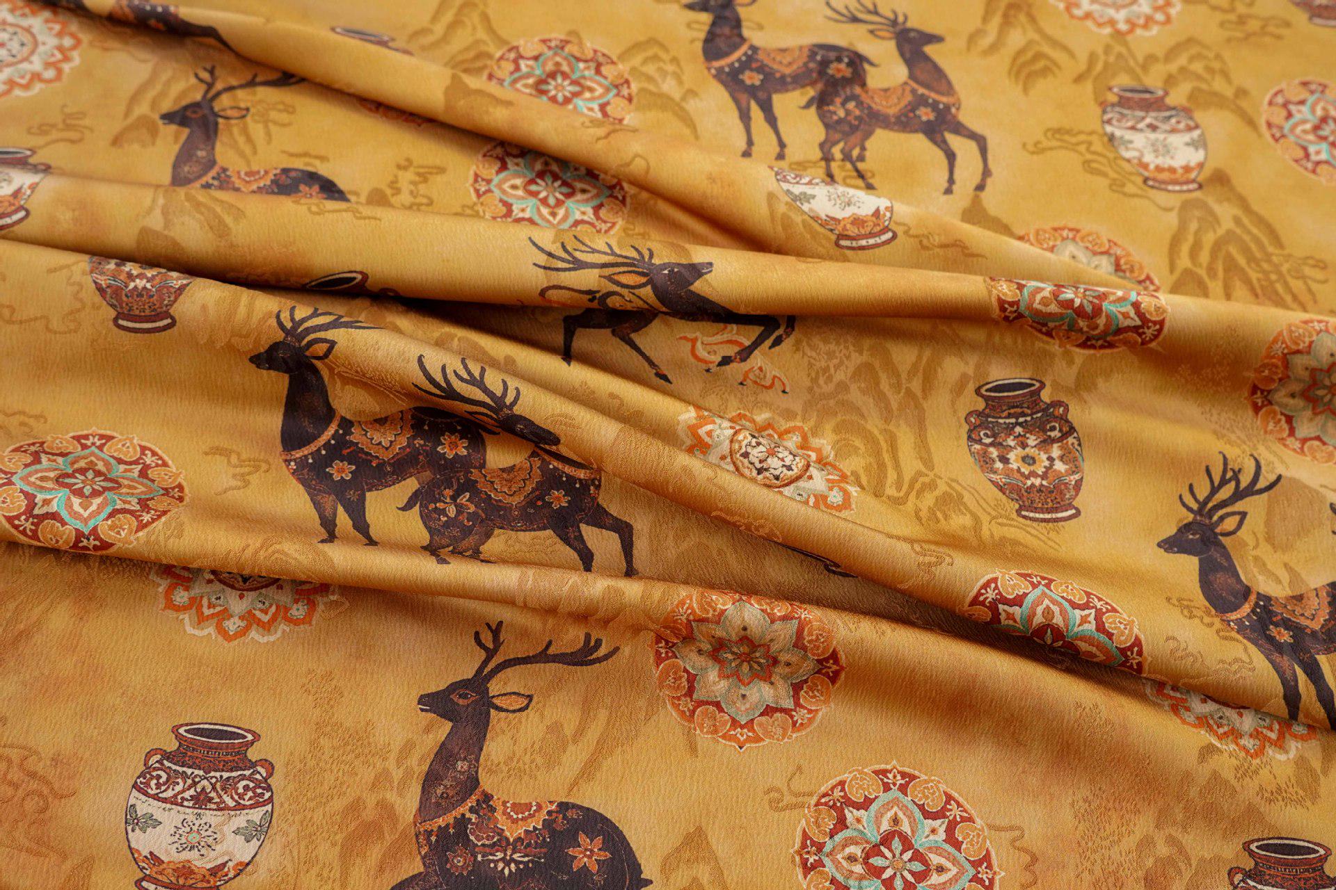 Chinese Blessing Deer Jacquard Fabric, Luxury Brocade Upholstery Textile, Traditional Fulu Deer Pattern Fabric, 59" Wide By The Yard, 59"W