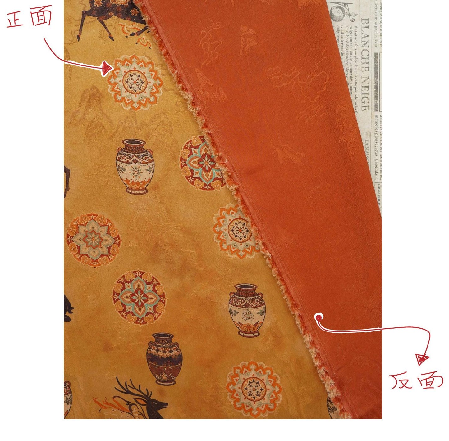 Chinese Blessing Deer Jacquard Fabric, Luxury Brocade Upholstery Textile, Traditional Fulu Deer Pattern Fabric, 59" Wide By The Yard, 59"W