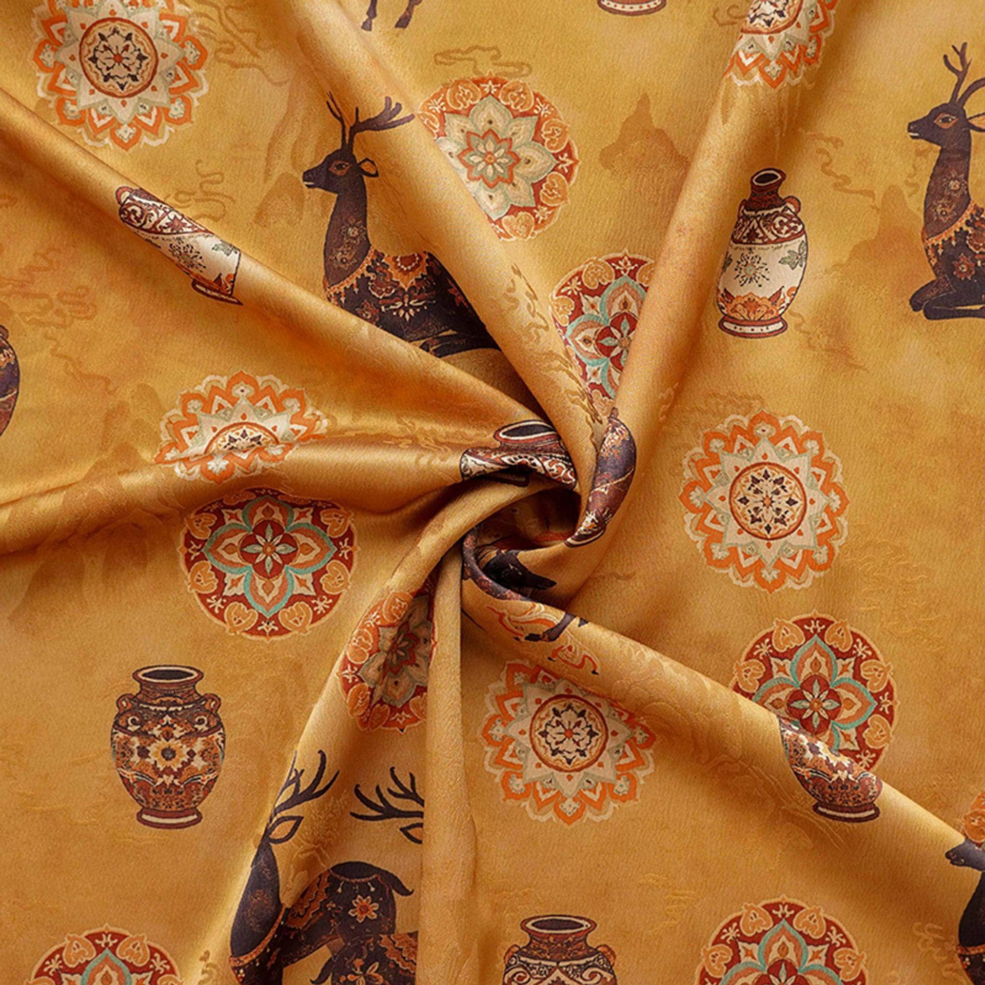 Chinese Blessing Deer Jacquard Fabric, Luxury Brocade Upholstery Textile, Traditional Fulu Deer Pattern Fabric, 59" Wide By The Yard, 59"W