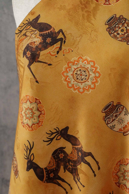 Chinese Blessing Deer Jacquard Fabric, Luxury Brocade Upholstery Textile, Traditional Fulu Deer Pattern Fabric, 59" Wide By The Yard, 59"W