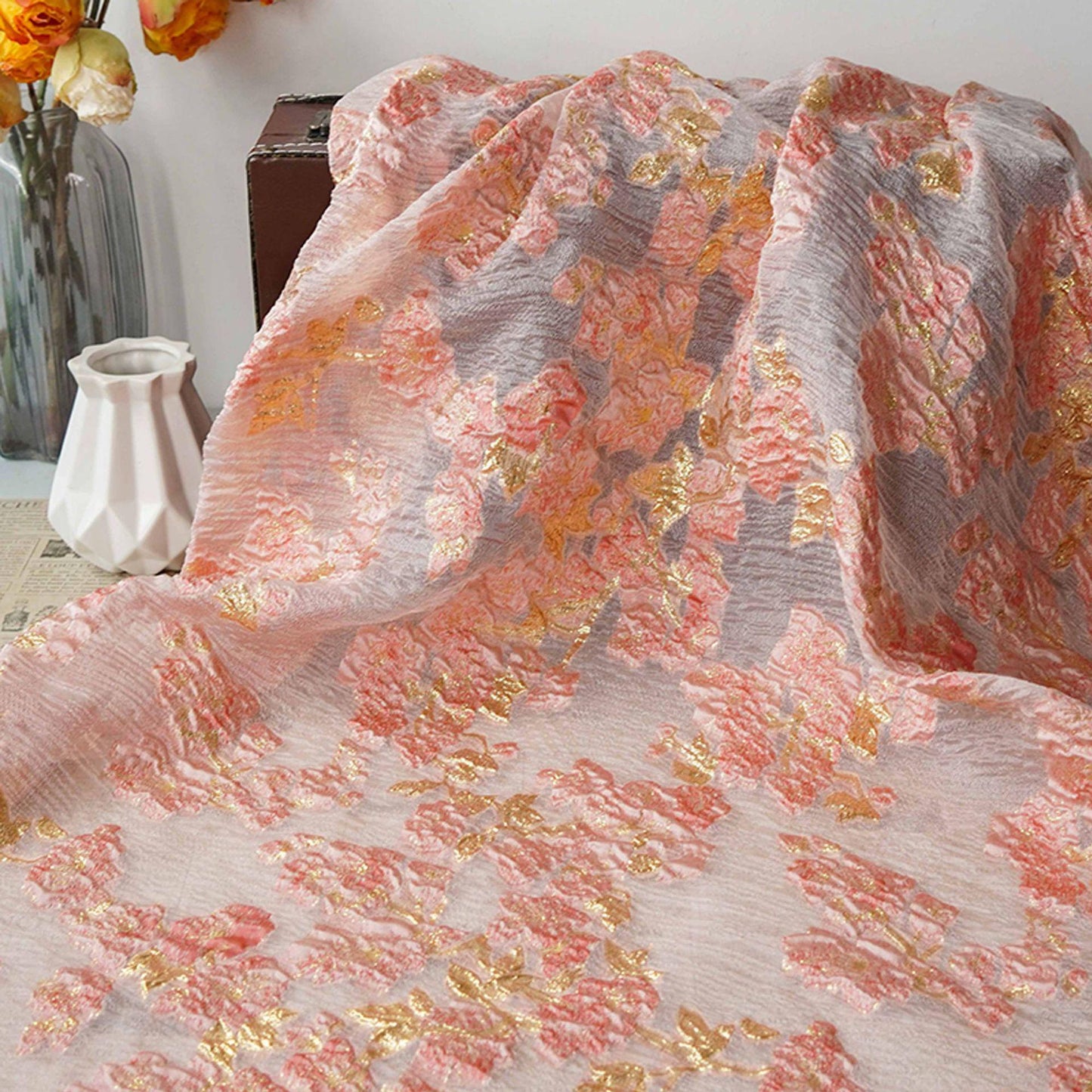 Embossed Floral Gold Jacquard Fabric by Yard, Semi Sheer Draped Brocade Textile, Luxury Designer Fabric for Dresses Decor, 55"Wide