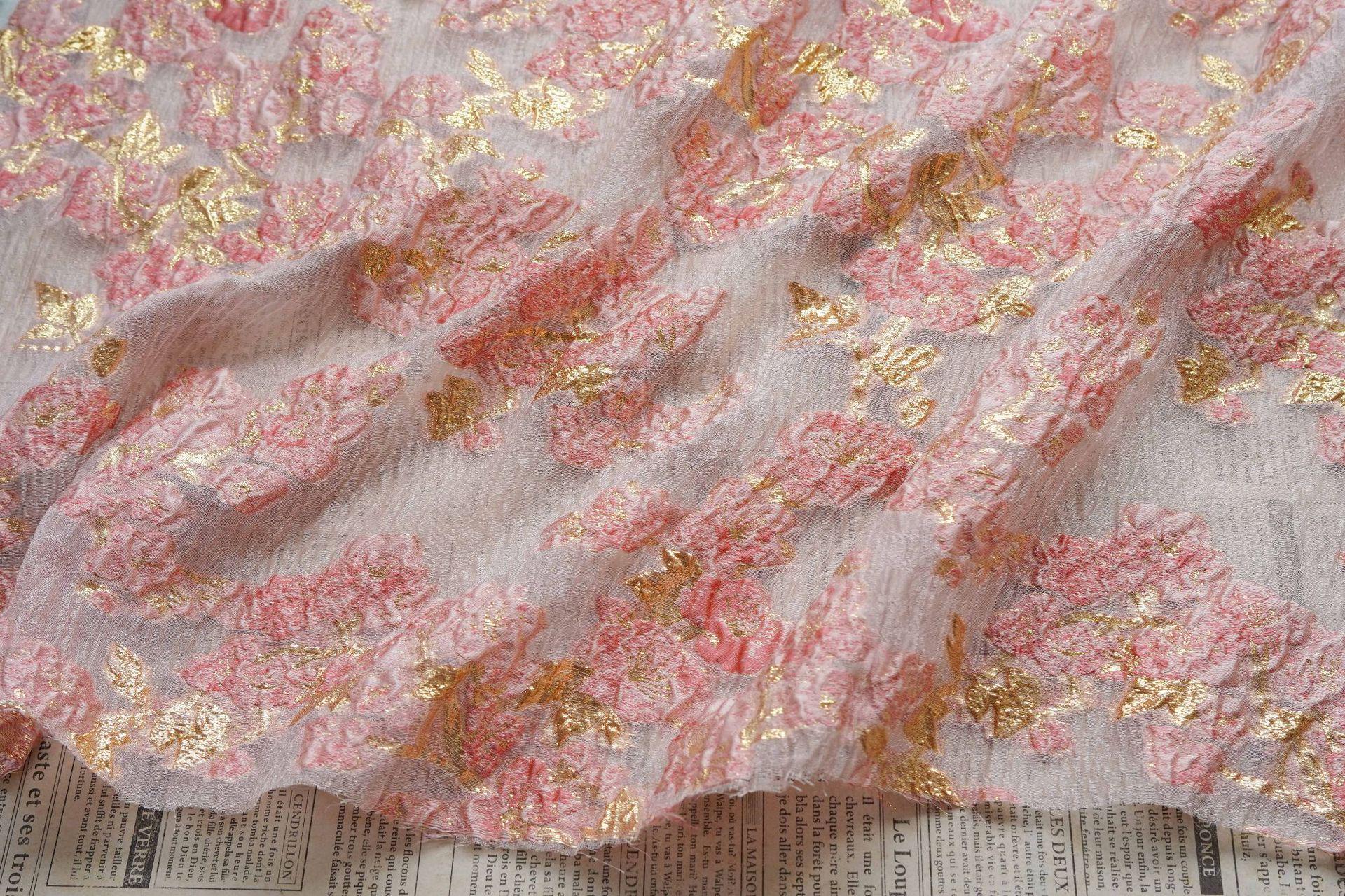 Embossed Floral Gold Jacquard Fabric by Yard, Semi Sheer Draped Brocade Textile, Luxury Designer Fabric for Dresses Decor, 55"Wide