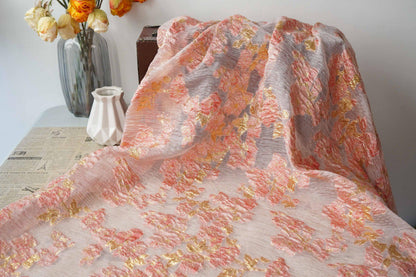 Embossed Floral Gold Jacquard Fabric by Yard, Semi Sheer Draped Brocade Textile, Luxury Designer Fabric for Dresses Decor, 55"Wide