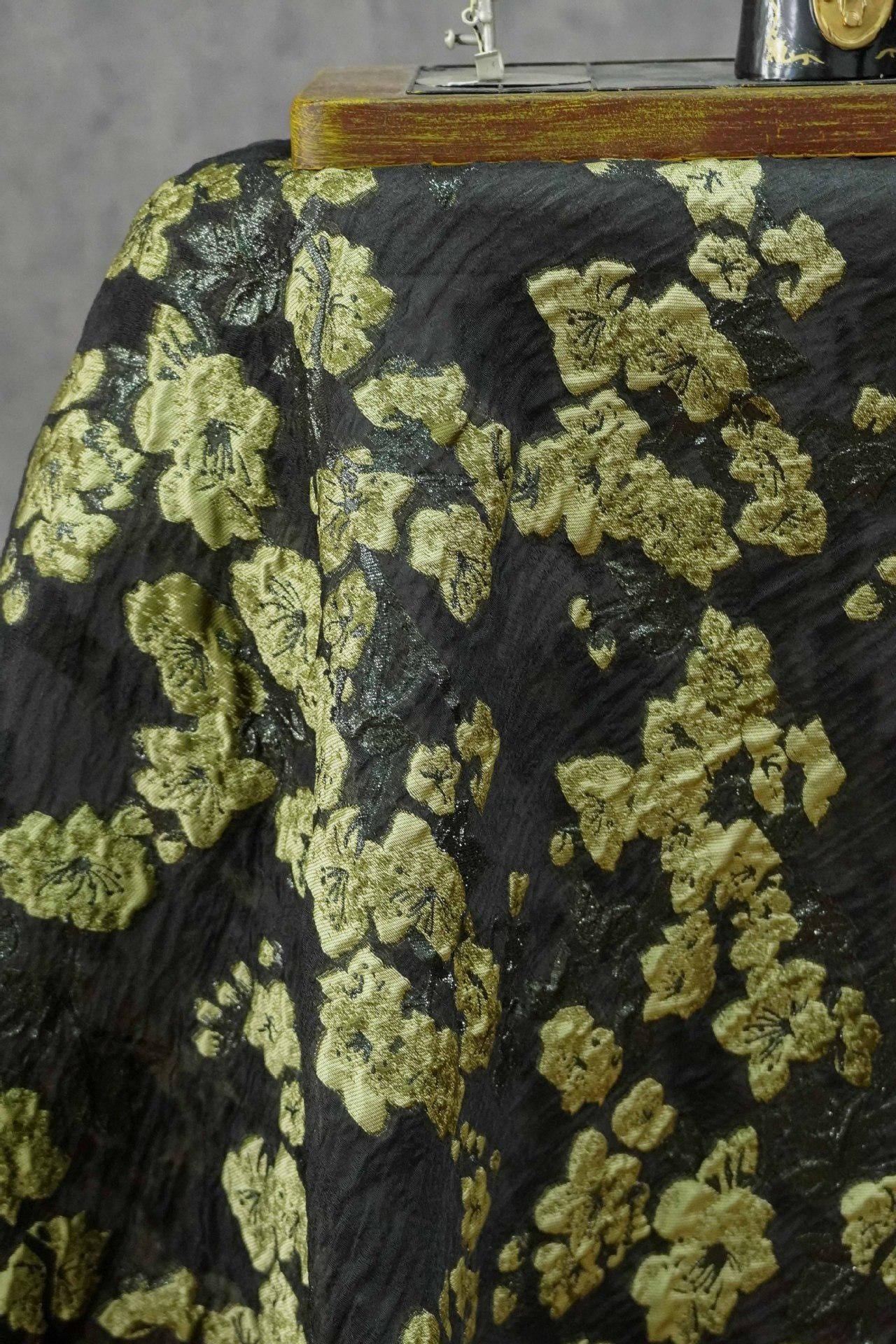 Embossed Floral Gold Jacquard Fabric by Yard, Semi Sheer Draped Brocade Textile, Luxury Designer Fabric for Dresses Decor, 55"Wide