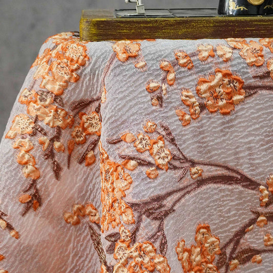 Plum Blossom Embossed Jacquard Fabric by Yard, Semi Sheer Floral Textile, Spring Summer Designer Fabric for Dresses Shawls, 55"Wide
