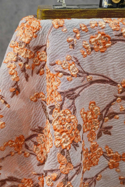 Plum Blossom Embossed Jacquard Fabric by Yard, Semi Sheer Floral Textile, Spring Summer Designer Fabric for Dresses Shawls, 55"Wide