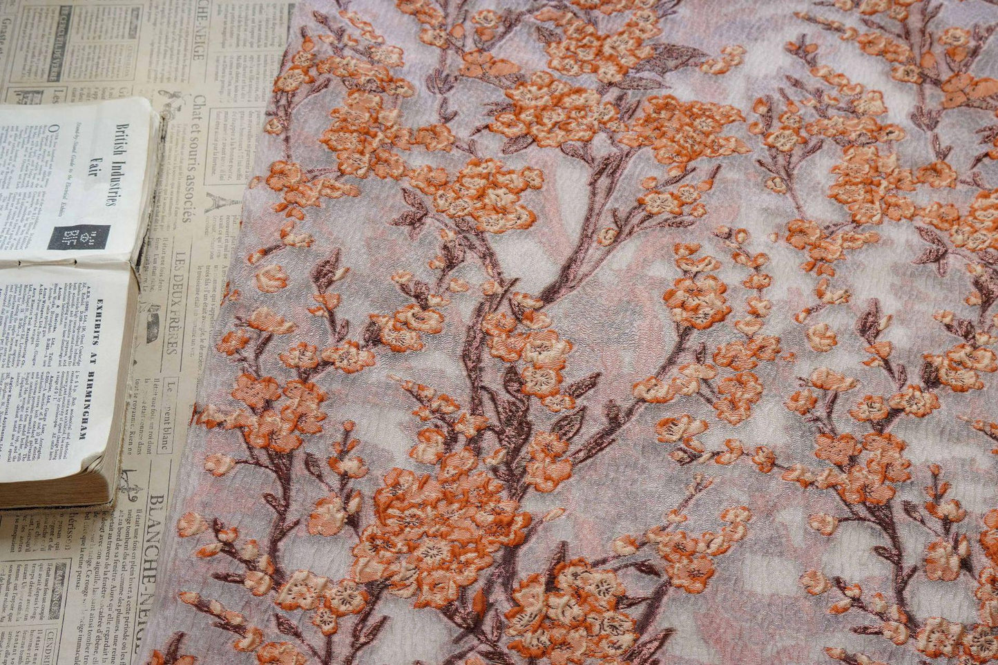 Plum Blossom Embossed Jacquard Fabric by Yard, Semi Sheer Floral Textile, Spring Summer Designer Fabric for Dresses Shawls, 55"Wide