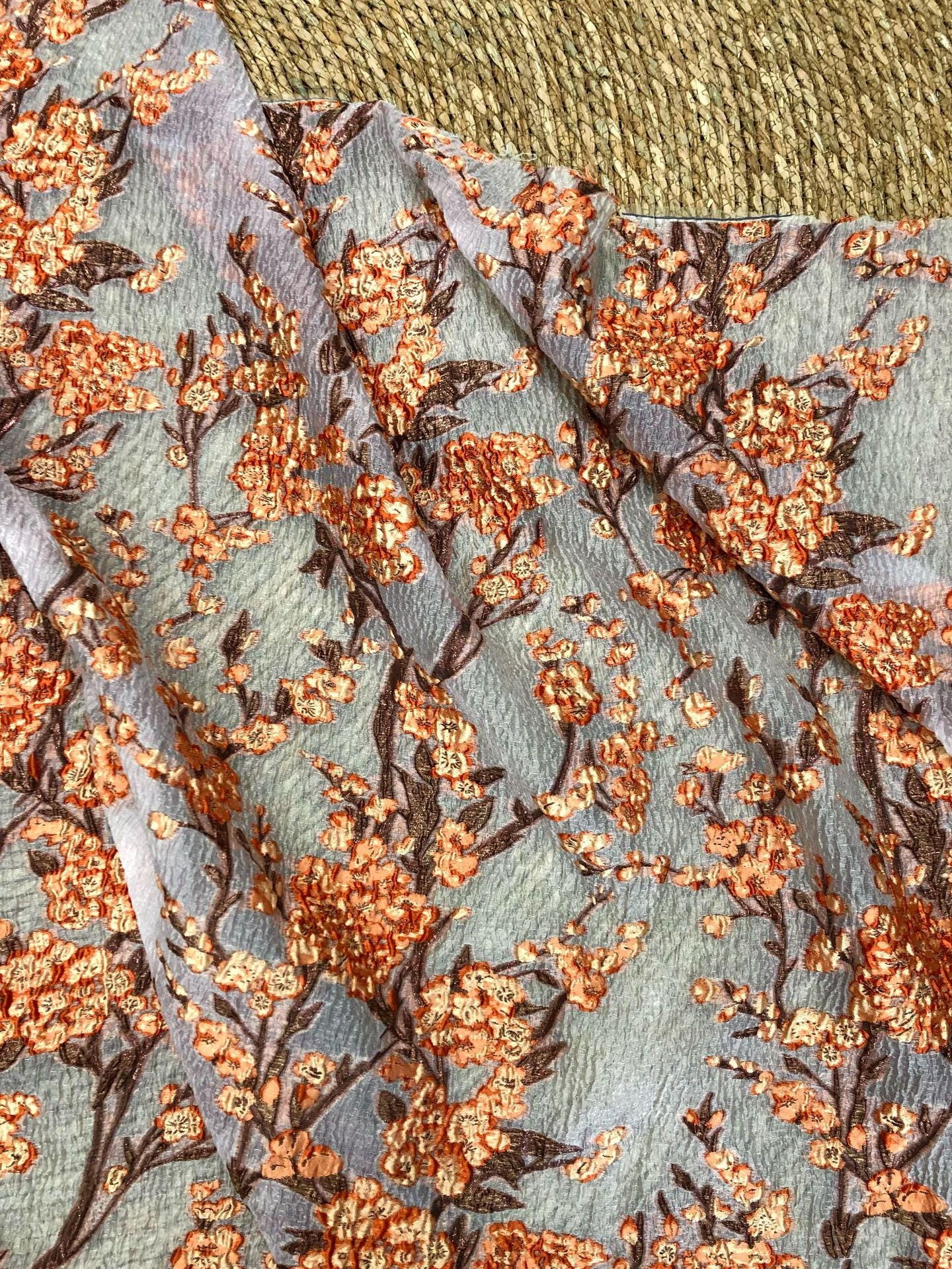 Plum Blossom Embossed Jacquard Fabric by Yard, Semi Sheer Floral Textile, Spring Summer Designer Fabric for Dresses Shawls, 55"Wide