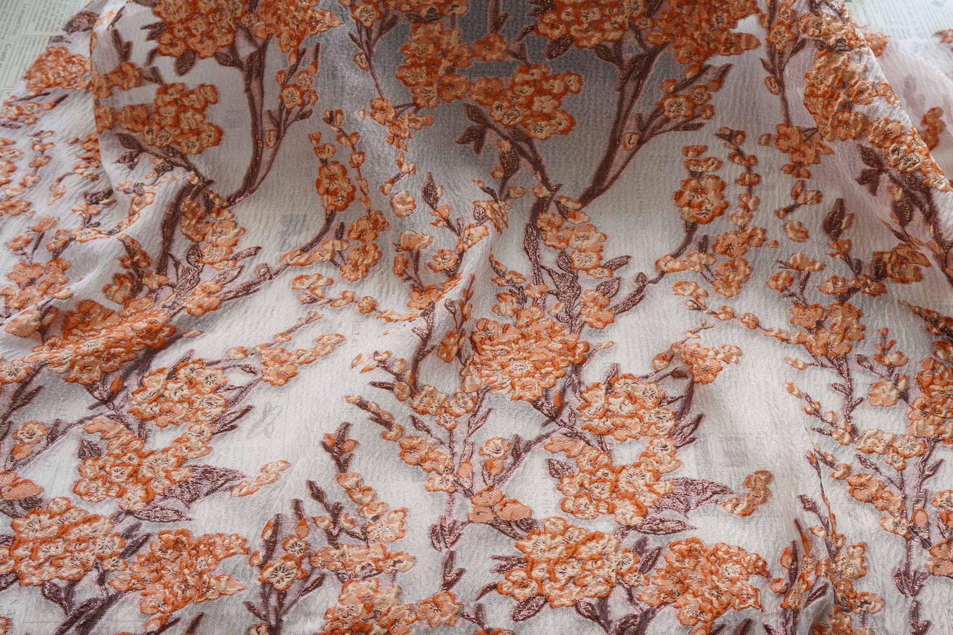 Plum Blossom Embossed Jacquard Fabric by Yard, Semi Sheer Floral Textile, Spring Summer Designer Fabric for Dresses Shawls, 55"Wide