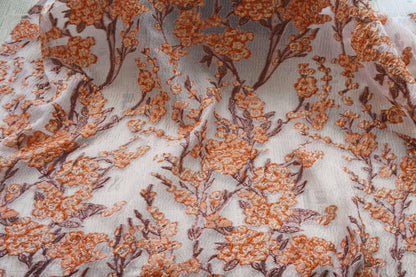 Plum Blossom Embossed Jacquard Fabric by Yard, Semi Sheer Floral Textile, Spring Summer Designer Fabric for Dresses Shawls, 55"Wide