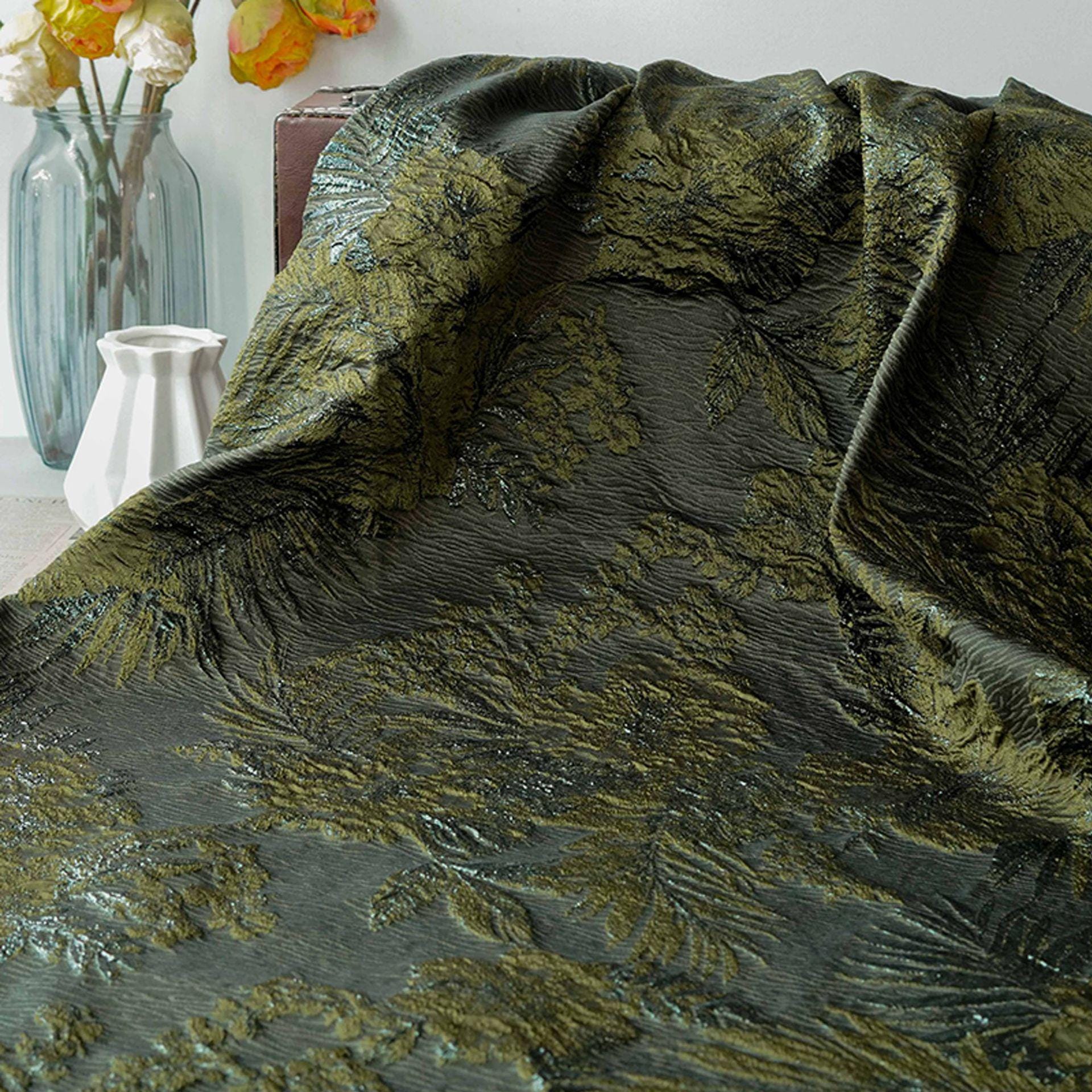 Moss Green Palm Leaf Jacquard Fabric by Yard, Vintage Embossed Botanical Textile, Luxury Draped Fabric for Fashion Decor, 55" Wide