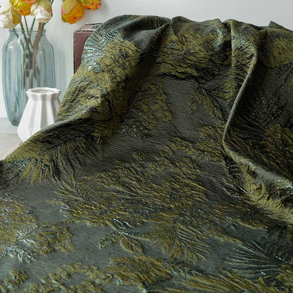 Moss Green Palm Leaf Jacquard Fabric by Yard, Vintage Embossed Botanical Textile, Luxury Draped Fabric for Fashion Decor, 55" Wide