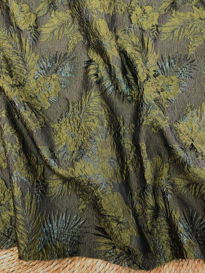 Moss Green Palm Leaf Jacquard Fabric by Yard, Vintage Embossed Botanical Textile, Luxury Draped Fabric for Fashion Decor, 55" Wide