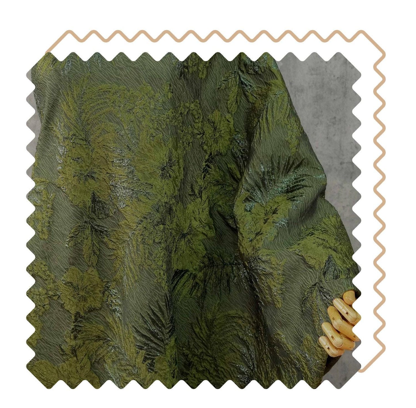 Moss Green Palm Leaf Jacquard Fabric by Yard, Vintage Embossed Botanical Textile, Luxury Draped Fabric for Fashion Decor, 55" Wide