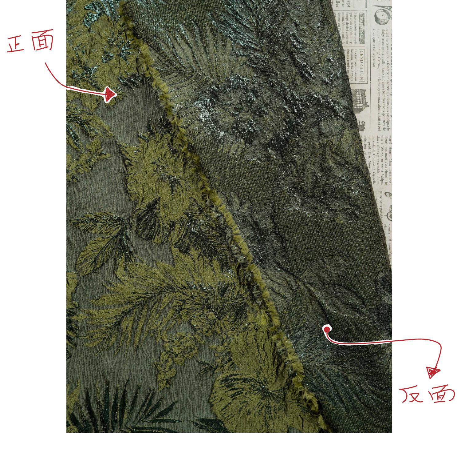 Moss Green Palm Leaf Jacquard Fabric by Yard, Vintage Embossed Botanical Textile, Luxury Draped Fabric for Fashion Decor, 55" Wide
