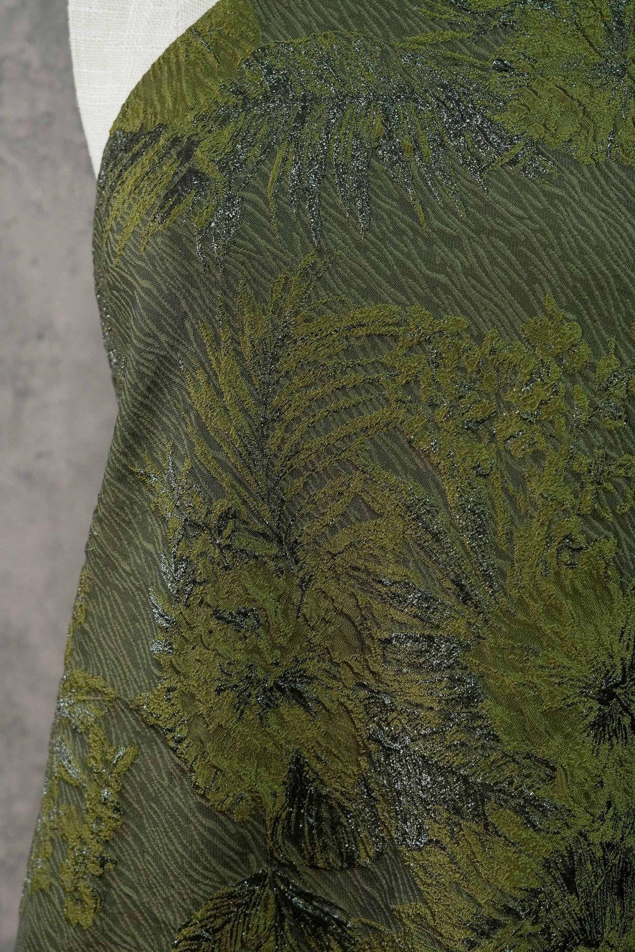 Moss Green Palm Leaf Jacquard Fabric by Yard, Vintage Embossed Botanical Textile, Luxury Draped Fabric for Fashion Decor, 55" Wide