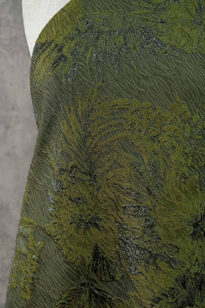 Moss Green Palm Leaf Jacquard Fabric by Yard, Vintage Embossed Botanical Textile, Luxury Draped Fabric for Fashion Decor, 55" Wide