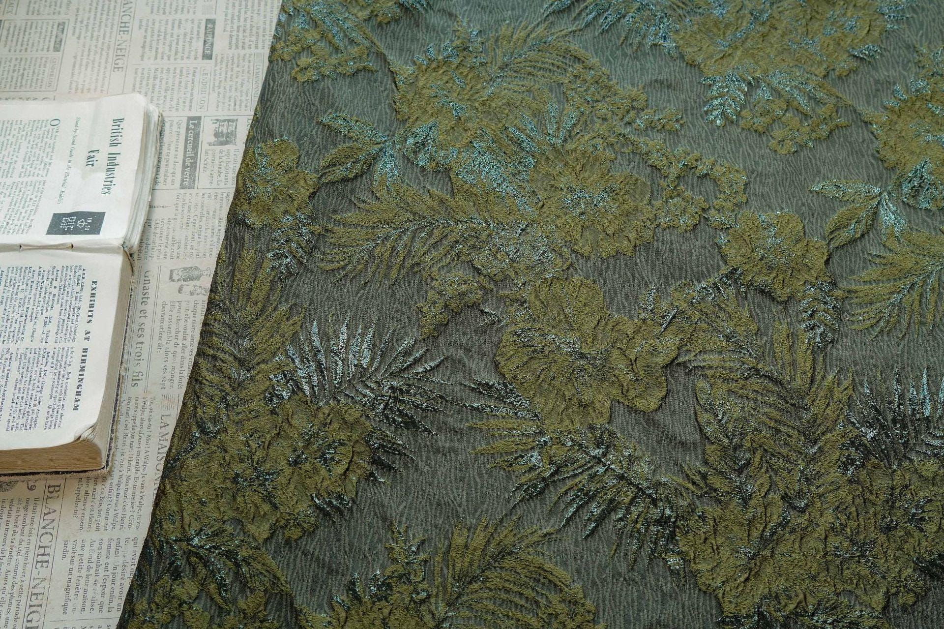 Moss Green Palm Leaf Jacquard Fabric by Yard, Vintage Embossed Botanical Textile, Luxury Draped Fabric for Fashion Decor, 55" Wide