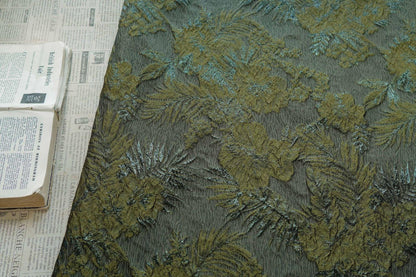 Moss Green Palm Leaf Jacquard Fabric by Yard, Vintage Embossed Botanical Textile, Luxury Draped Fabric for Fashion Decor, 55" Wide