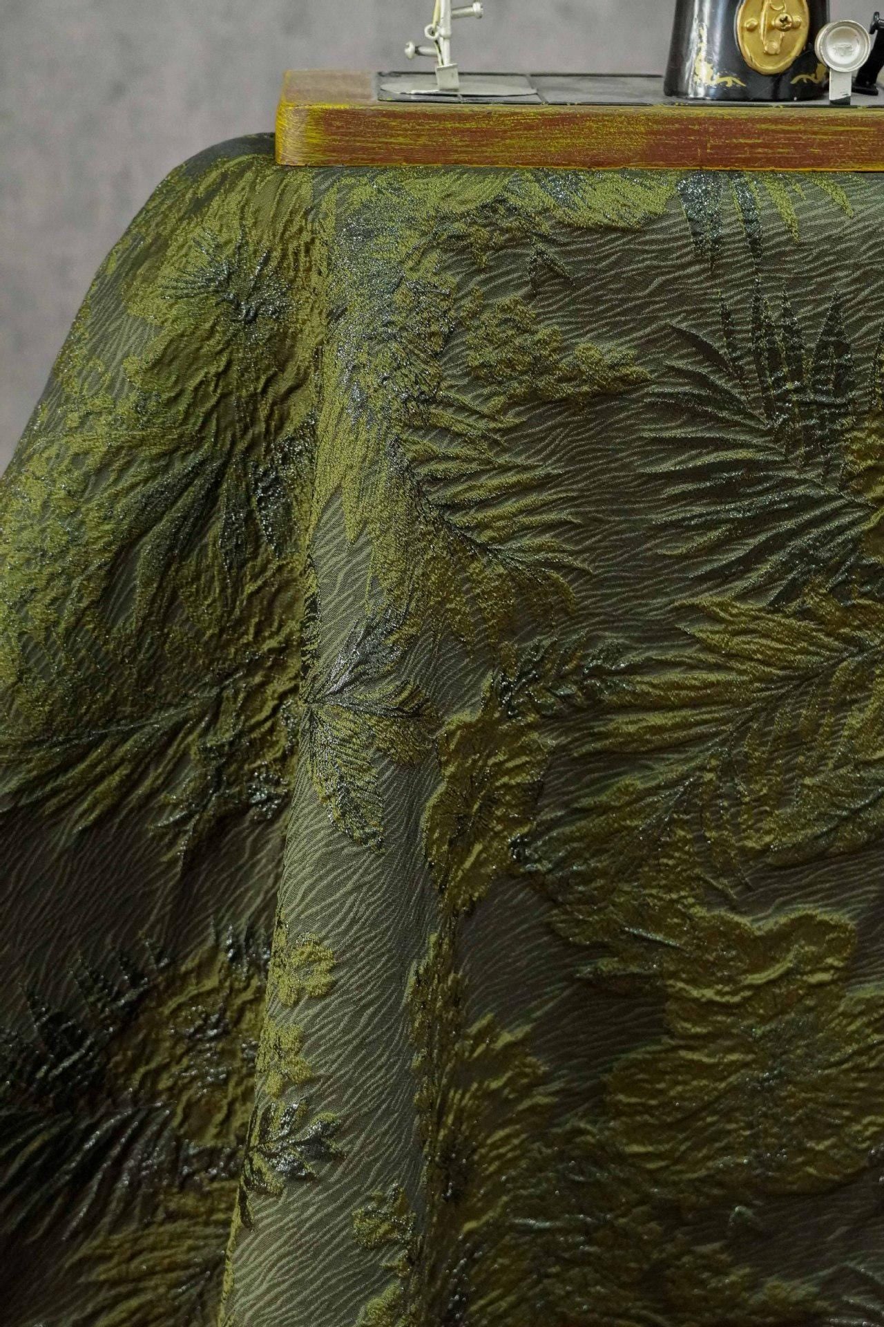 Moss Green Palm Leaf Jacquard Fabric by Yard, Vintage Embossed Botanical Textile, Luxury Draped Fabric for Fashion Decor, 55" Wide