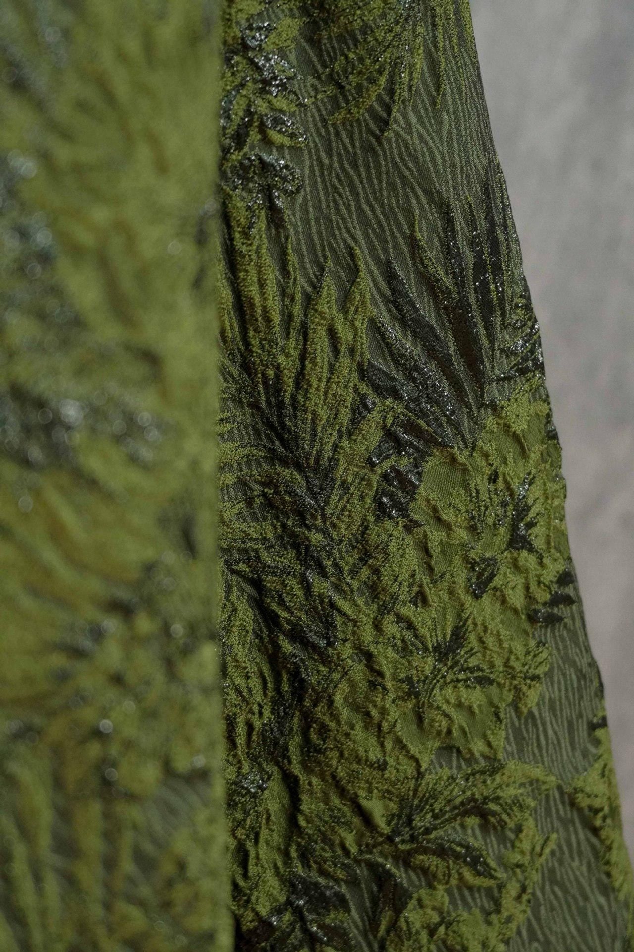 Moss Green Palm Leaf Jacquard Fabric by Yard, Vintage Embossed Botanical Textile, Luxury Draped Fabric for Fashion Decor, 55" Wide