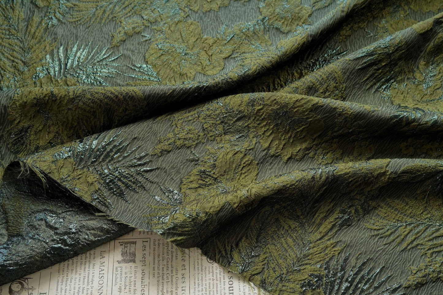 Moss Green Palm Leaf Jacquard Fabric by Yard, Vintage Embossed Botanical Textile, Luxury Draped Fabric for Fashion Decor, 55" Wide