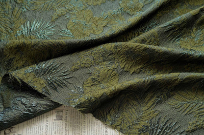 Moss Green Palm Leaf Jacquard Fabric by Yard, Vintage Embossed Botanical Textile, Luxury Draped Fabric for Fashion Decor, 55" Wide