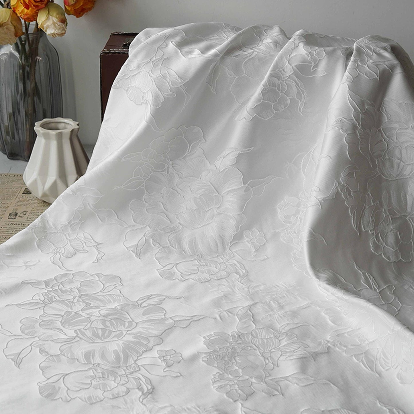 White Peony Jacquard Fabric by Yard, Embossed Floral Suiting Textile, Elegant Chinese Dress Fabric for Blazers Shirts Decor, 58"Wide