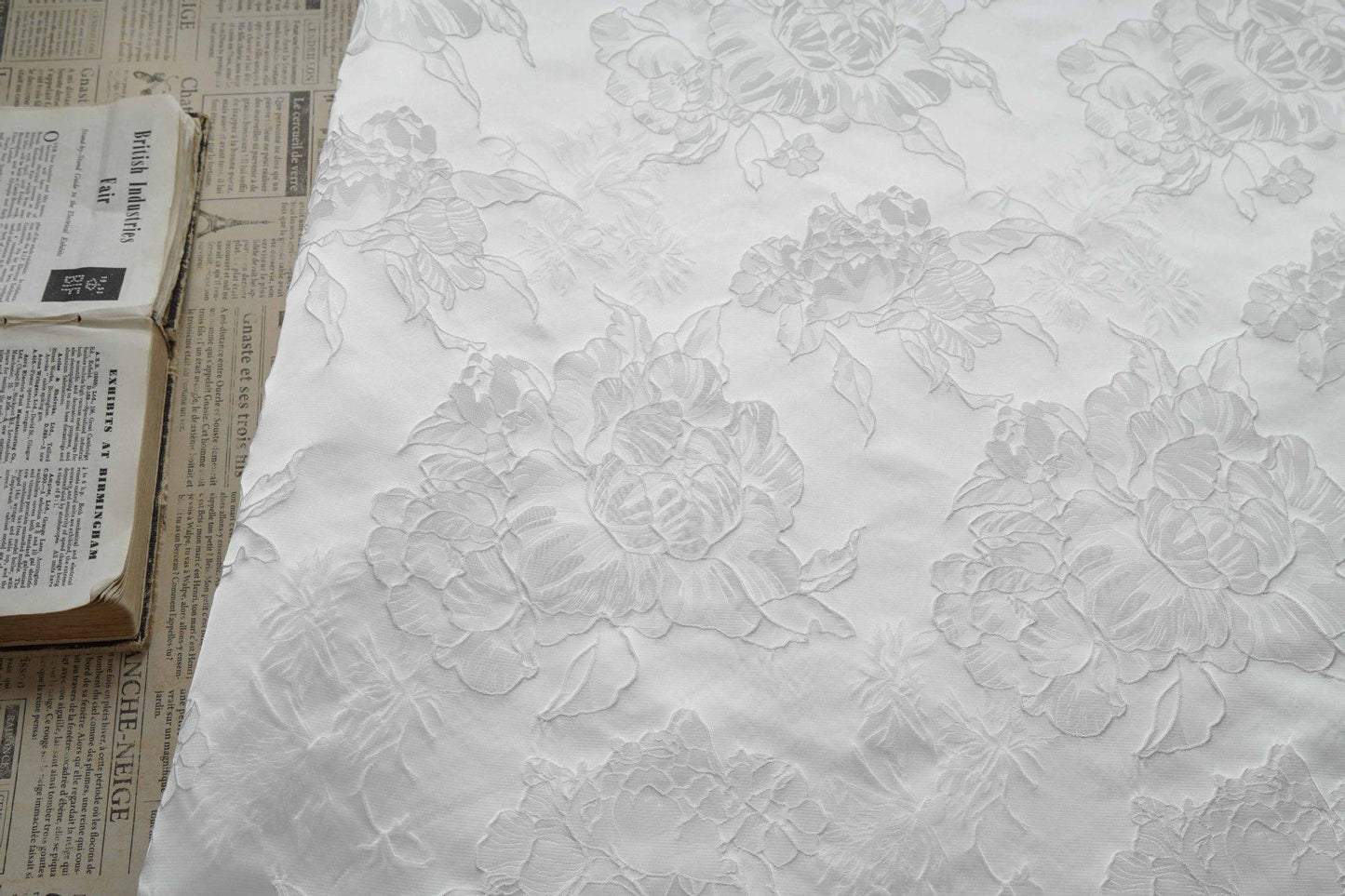 White Peony Jacquard Fabric by Yard, Embossed Floral Suiting Textile, Elegant Chinese Dress Fabric for Blazers Shirts Decor, 58"Wide