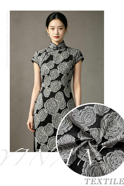 Vintage Black Rose Jacquard Fabric by Yard, Embossed Floral Brocade Textile, Luxury Couture Fabric for Dresses Decor, 53"Wide