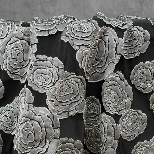Vintage Black Rose Jacquard Fabric by Yard, Embossed Floral Brocade Textile, Luxury Couture Fabric for Dresses Decor, 53"Wide