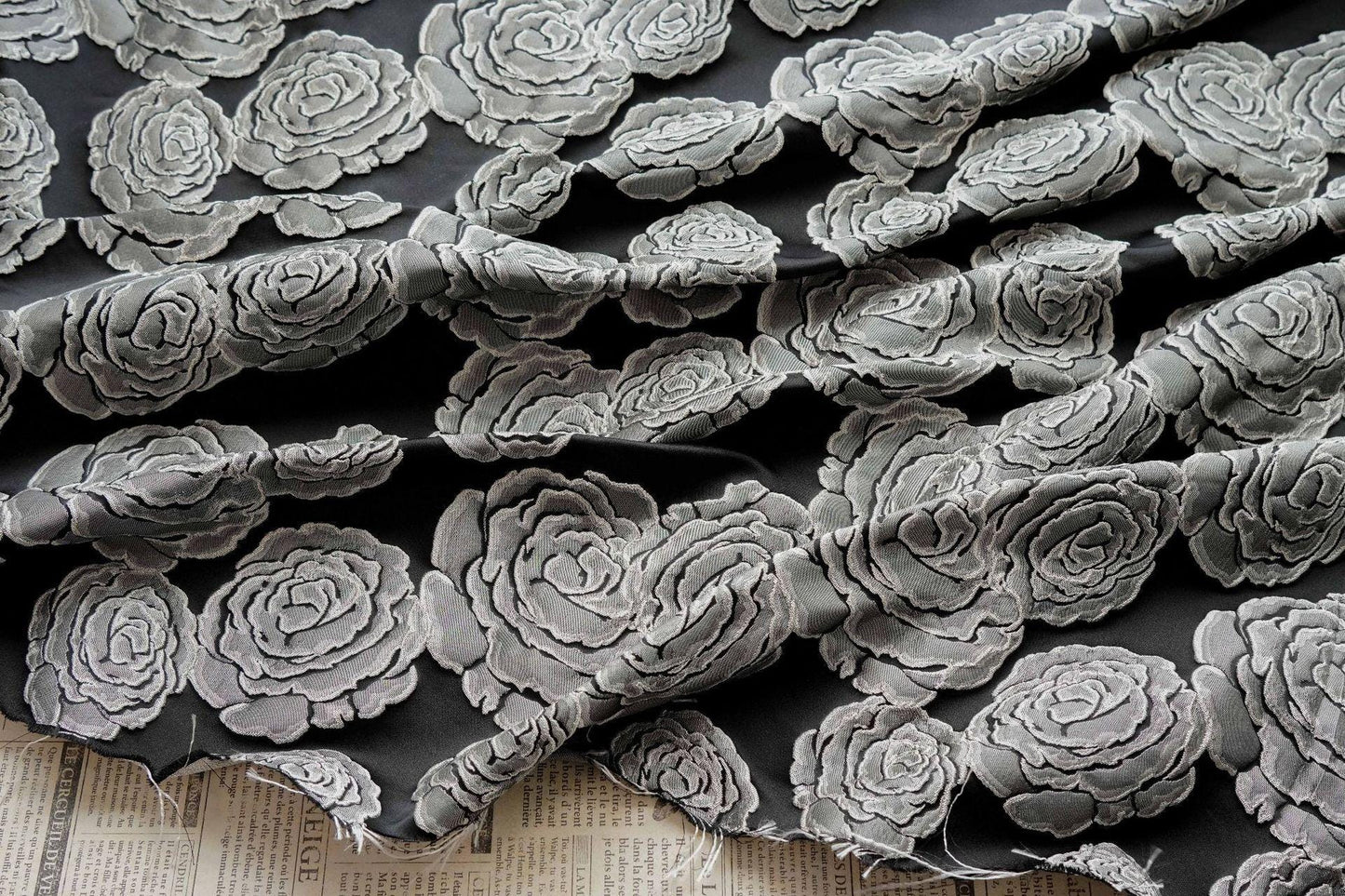 Vintage Black Rose Jacquard Fabric by Yard, Embossed Floral Brocade Textile, Luxury Couture Fabric for Dresses Decor, 53"Wide