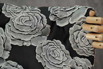 Vintage Black Rose Jacquard Fabric by Yard, Embossed Floral Brocade Textile, Luxury Couture Fabric for Dresses Decor, 53"Wide
