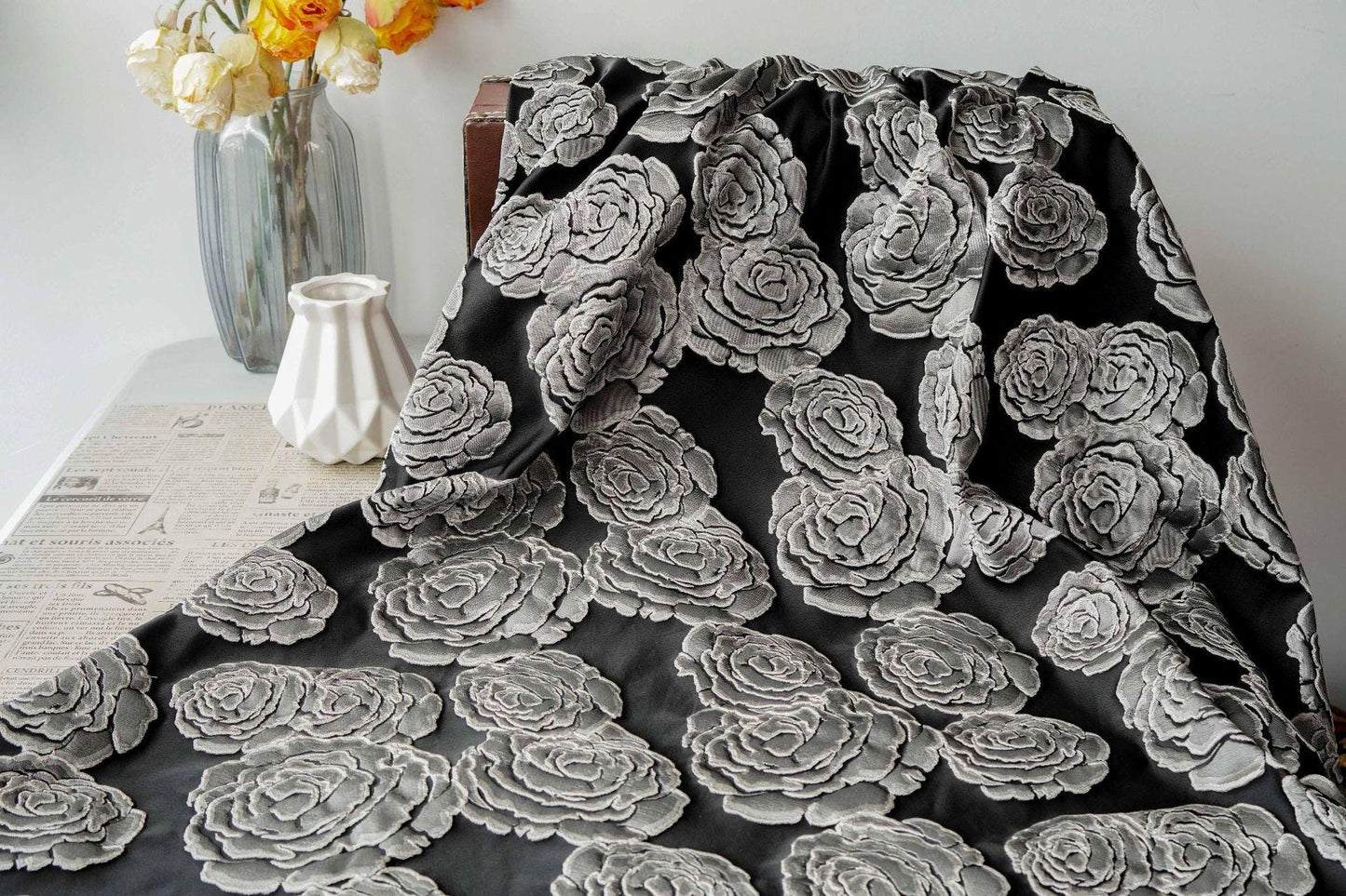 Vintage Black Rose Jacquard Fabric by Yard, Embossed Floral Brocade Textile, Luxury Couture Fabric for Dresses Decor, 53"Wide