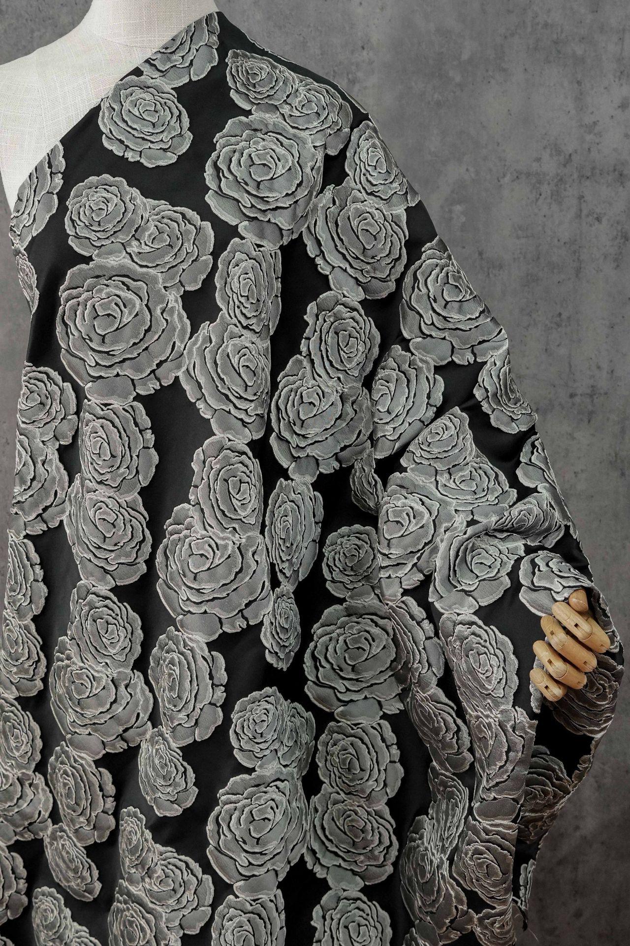 Vintage Black Rose Jacquard Fabric by Yard, Embossed Floral Brocade Textile, Luxury Couture Fabric for Dresses Decor, 53"Wide
